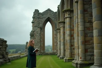 Visiteur contemplant les ruines d'une abbaye normande en pierre sous un ciel nuageux, patrimoine historique de Normandie