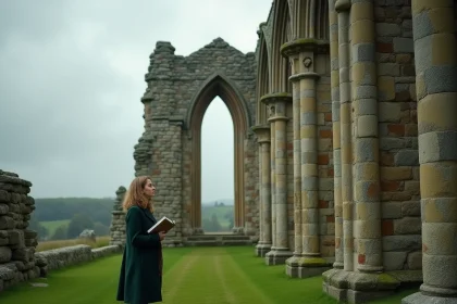 Visiteur contemplant les ruines d'une abbaye normande en pierre sous un ciel nuageux, patrimoine historique de Normandie