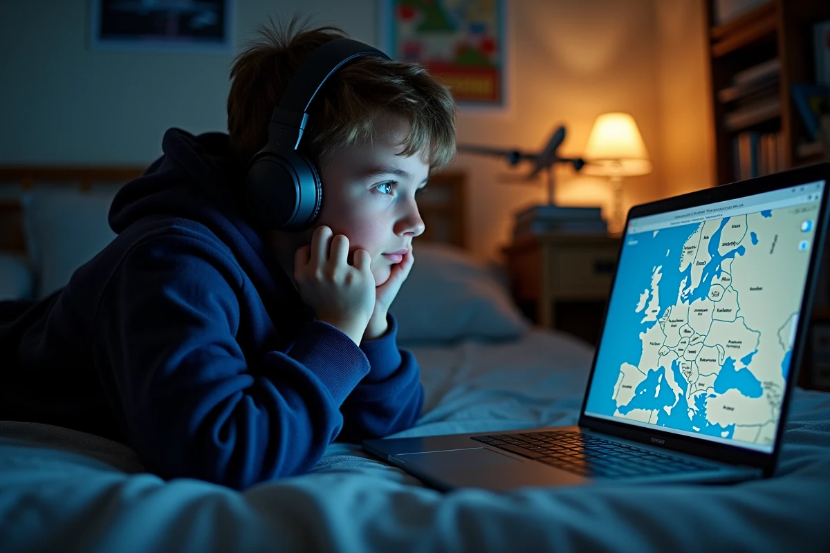 Adolescent passionné d'aviation consultant le site Flightradar24 sur son ordinateur portable dans sa chambre avec des posters d'avions