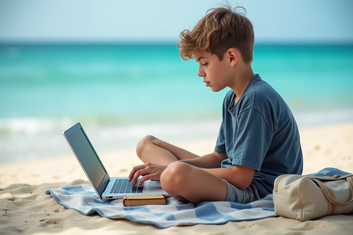 Adolescent consultant un dictionnaire et un ordinateur portable sur la plage pour corriger son orthographe pendant les vacances