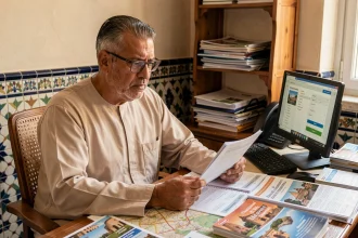 Agent de voyage marocain à son bureau d'agence à Fès examinant des documents de voyage avec une expression dubitative