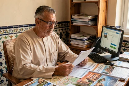 Agent de voyage marocain à son bureau d'agence à Fès examinant des documents de voyage avec une expression dubitative