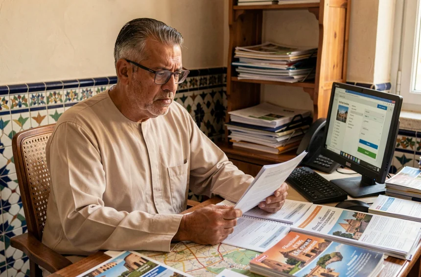 Agent de voyage marocain à son bureau d'agence à Fès examinant des documents de voyage avec une expression dubitative