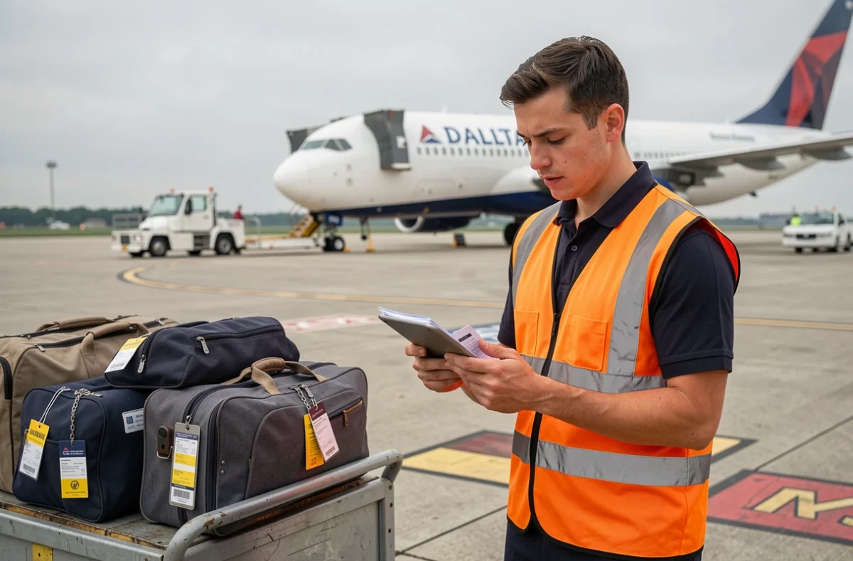 Agent au sol de Delta Airlines vérifiant les bagages sur le tarmac avec une tablette avant le chargement de l'avion