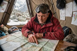 Alpiniste étudiant une carte topographique à l'intérieur d'un camp de base himalayan, illustrant les différents critères de mesure des sommets montagneux