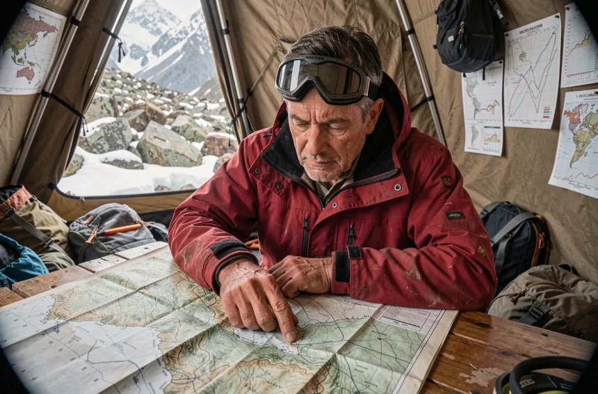 Alpiniste étudiant une carte topographique à l'intérieur d'un camp de base himalayan, illustrant les différents critères de mesure des sommets montagneux