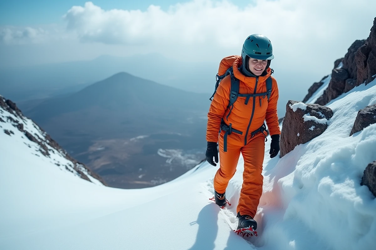 Alpiniste solitaire en combinaison de haute altitude gravissant la pente glaciaire près de Stella Point au sommet du Kilimandjaro