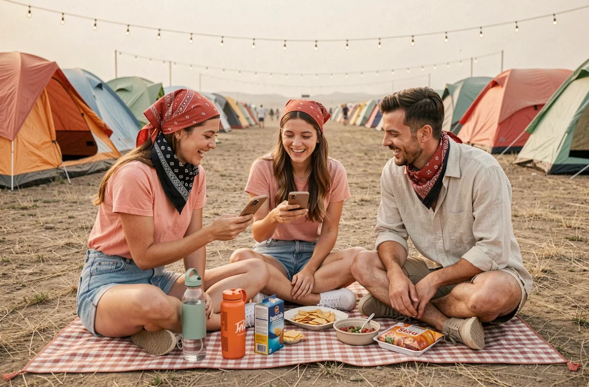 Groupe d'amis planifiant leur budget Coachella sur smartphone dans un camping de festival avec tentes et atmosphère désertique