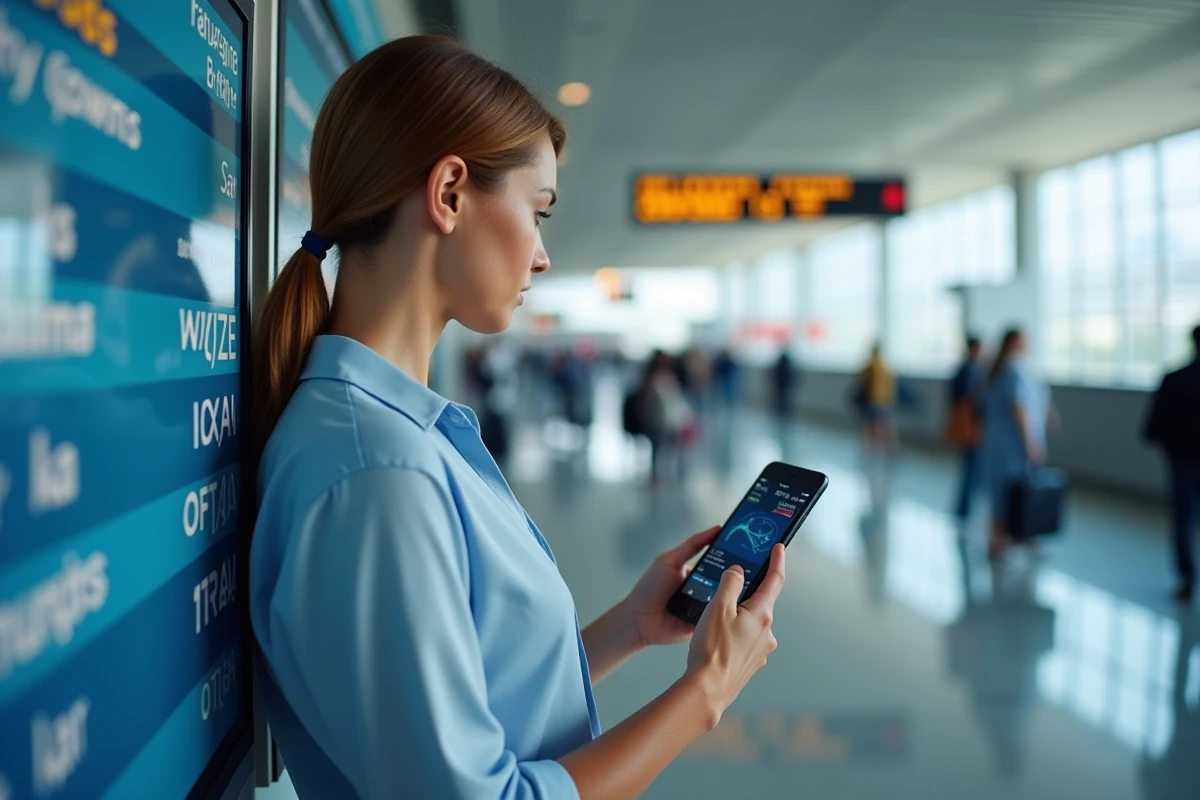 Femme à l'aéroport consultant une application de suivi de vol en temps réel sur son smartphone