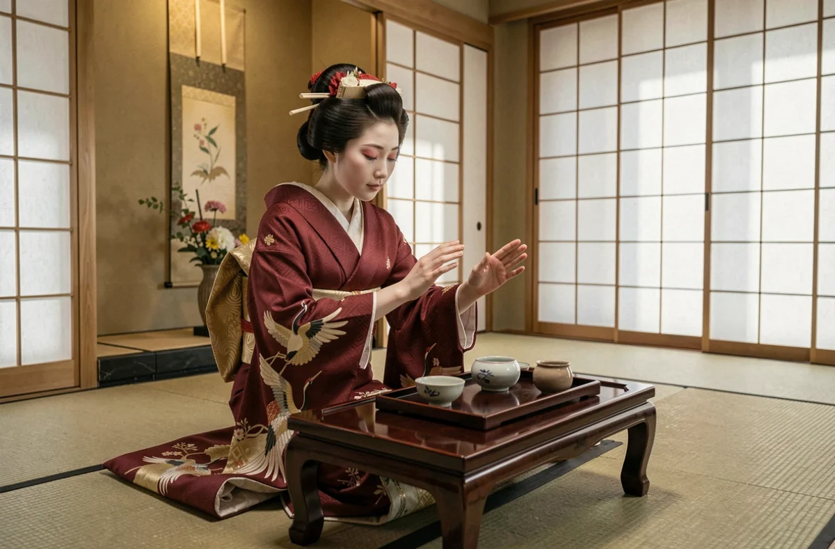 Apprentie geisha en kimono rouge réalisant une cérémonie du thé dans une salle de banquet traditionnelle japonaise