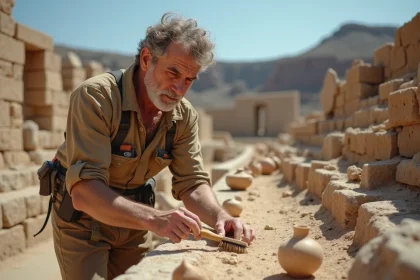 Archéologue grec nettoyant des fragments de poterie ancienne sur le site d'Akrotiri