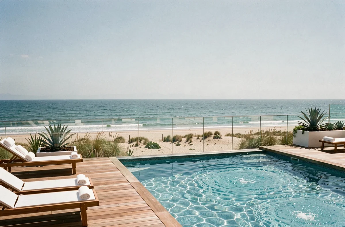Piscine extérieure de l'Atlantic Hôtel et Spa aux Sables-d'Olonne avec vue sur l'océan Atlantique et la plage
