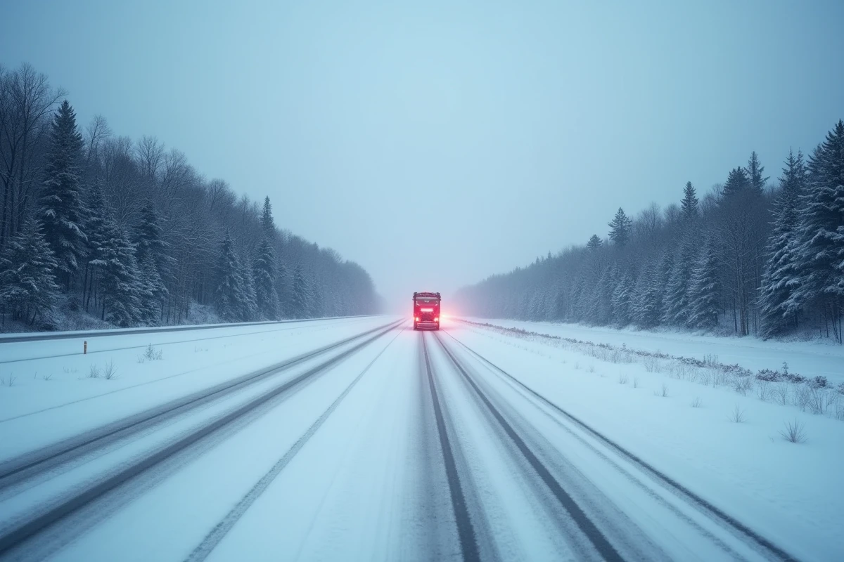 Autoroute enneigée entre Montréal et New York en hiver avec camion au loin