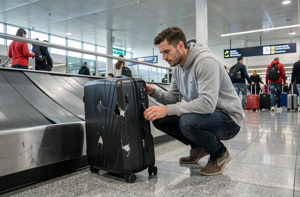 Voyageur inspectant une valise endommagée au carrousel de récupération des bagages d'un aéroport Delta Airlines