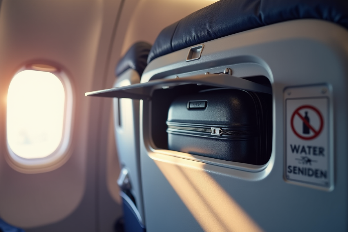 Valise dans un compartiment cabine avec panneau interdiction