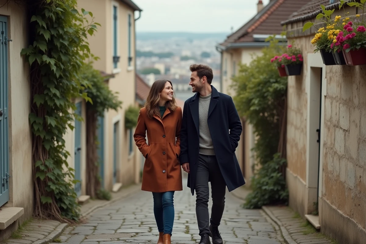 Deux amis se promenant en riant dans les ruelles pavées et calmes de la Butte Bergeyre à Paris