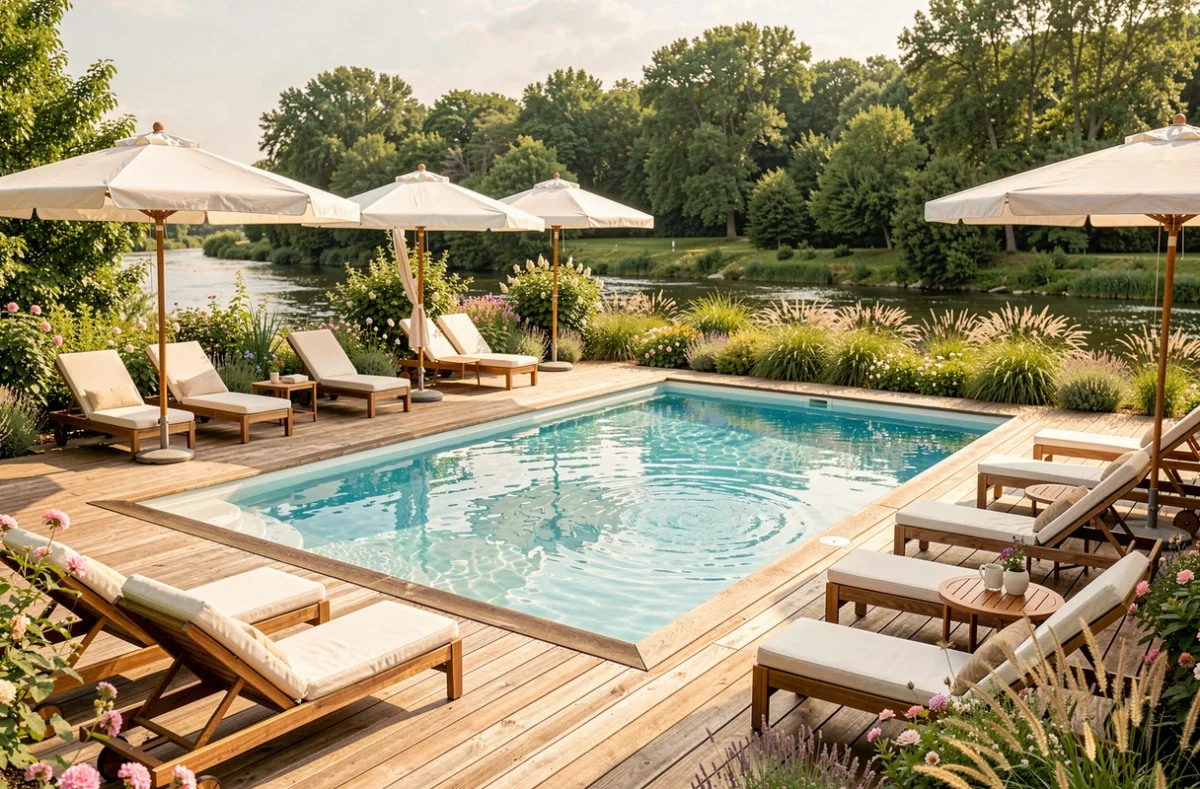 Piscine extérieure du Best Western Plus Hôtel de la Regate à Nantes avec terrasse en bois et jardin au bord de l'eau