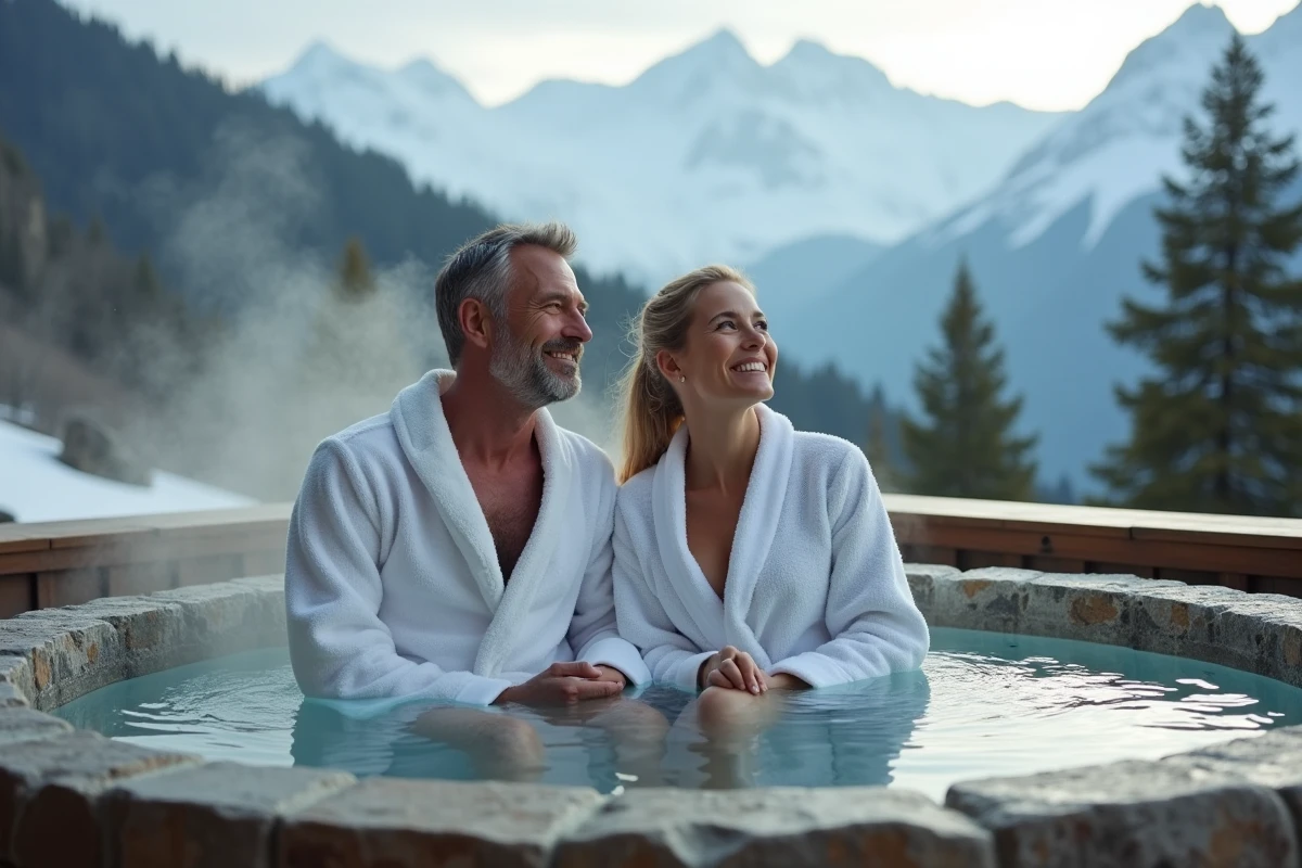 Couple en peignoir se détendant dans un bain thermal extérieur avec vue sur les sommets enneigés des Alpes valdôtaines