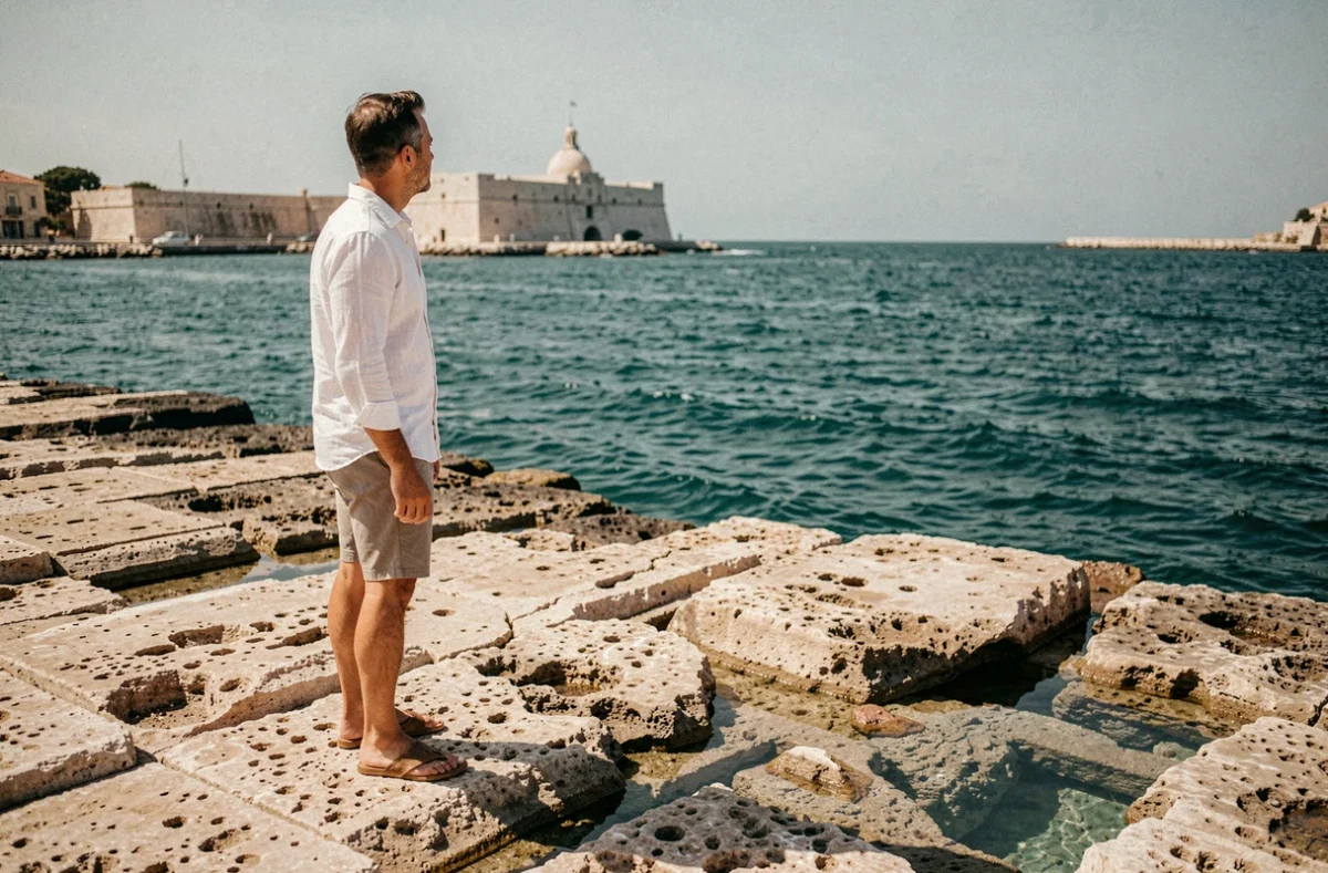 Homme contemplant la mer Méditerranée depuis les rochers du bord de mer de La Valette en été