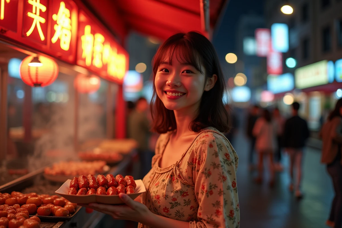 Jeune femme dégustant des brochettes de char siu au marché nocturne de rue à Guangzhou