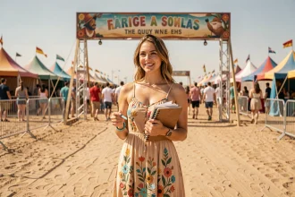 Jeune femme tenant un carnet de budget à l'entrée du festival Coachella avec bracelet d'accès et ambiance désertique ensoleillée