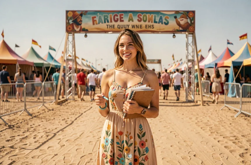 Jeune femme tenant un carnet de budget à l'entrée du festival Coachella avec bracelet d'accès et ambiance désertique ensoleillée