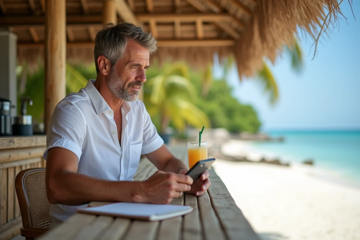 Homme planifiant son budget de vacances sur smartphone dans un bar de plage en Asie du Sud-Est entouré de palmiers et d'eau turquoise