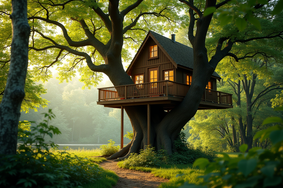 Cabane dans un arbre en forêt normande au matin lumineux