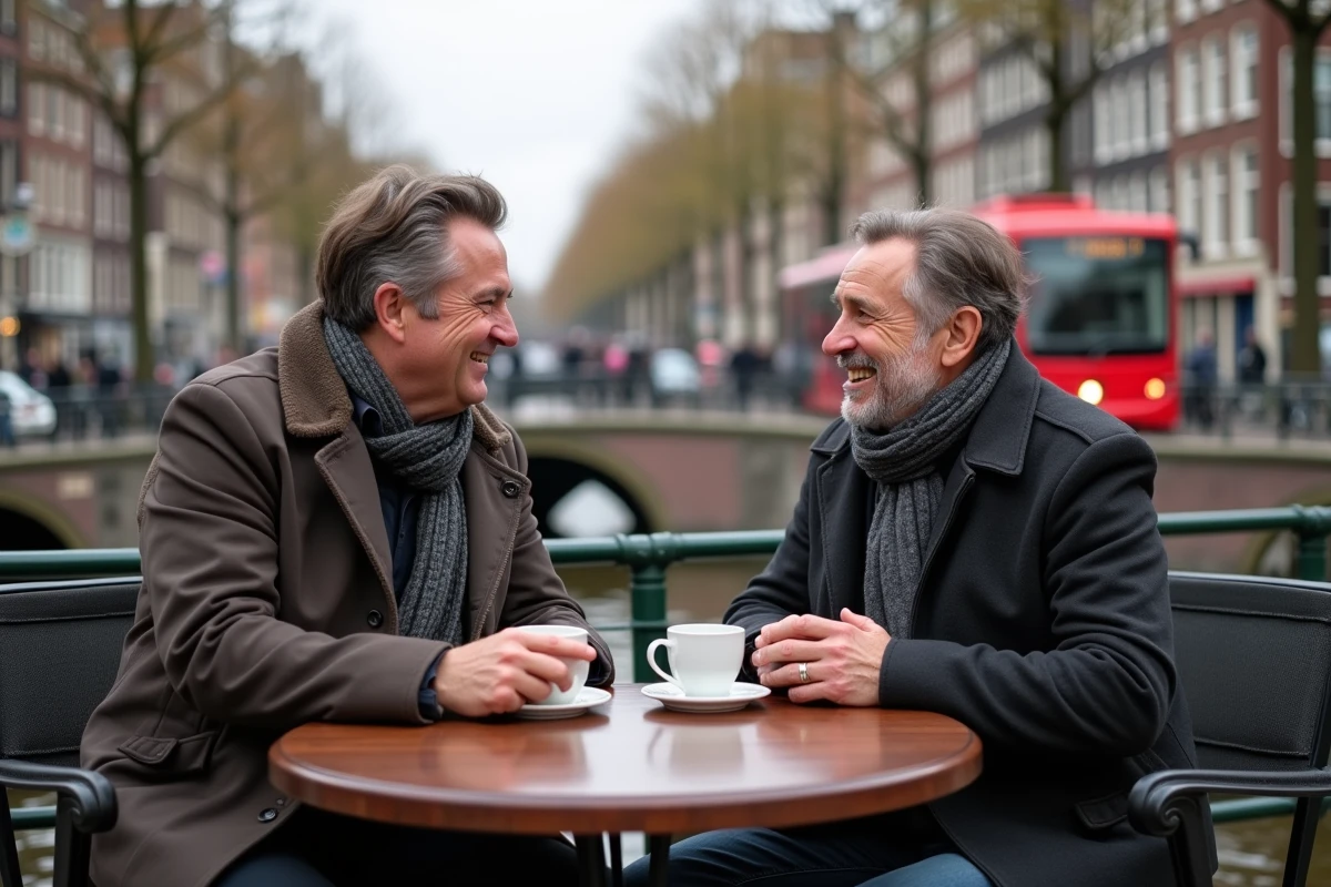 Deux hommes discutant au café près d un canal à Amsterdam