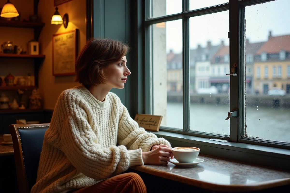 Femme attablée dans un café normand typique de Honfleur en basse saison, vue sur le port sous la pluie
