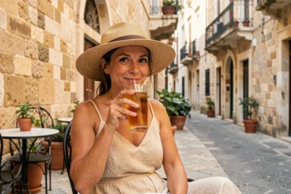 Femme profitant d'un café ombragé dans une ruelle historique de La Valette à Malte en été
