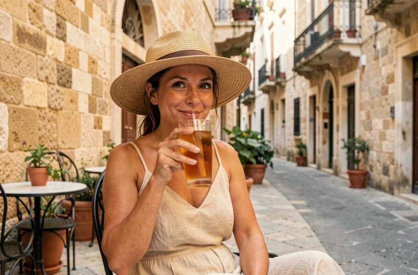 Femme profitant d'un café ombragé dans une ruelle historique de La Valette à Malte en été
