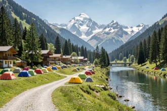 Vue panoramique d'un camping en Haute-Savoie avec chalets en bois, tentes colorées et sommets alpins enneigés en arrière-plan