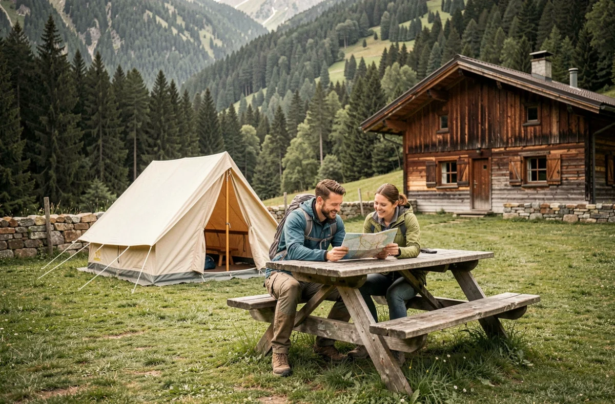 Couple en tenue de randonnée installé à une table en bois devant leur tente au Camping La Serraz, entouré de forêts alpines