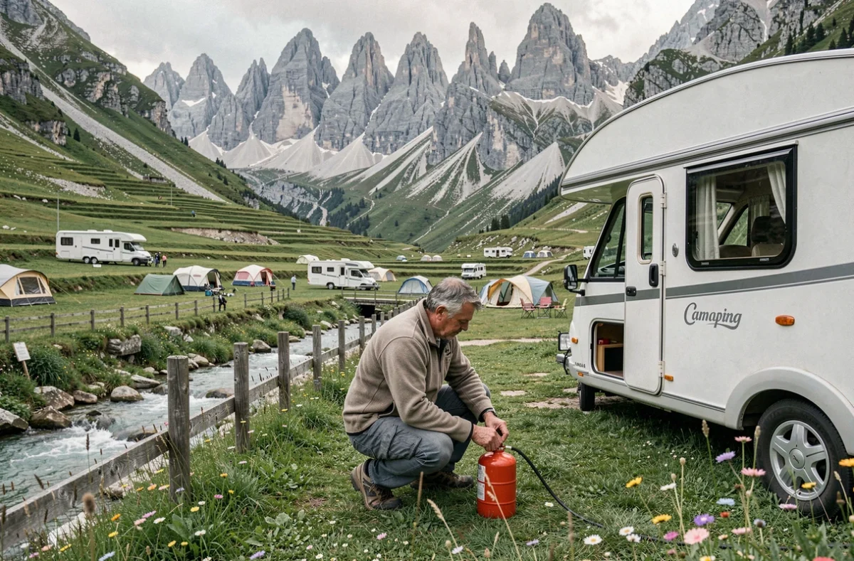 Camping Lanfonnet en vallée alpine avec caravanes et tentes sur terrasses herbeuses, entouré de sommets rocheux en Haute-Savoie