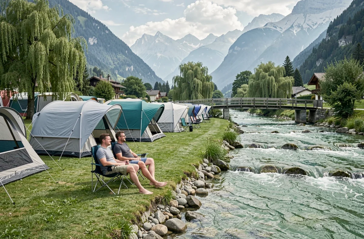 Camping Le Giffre à Samoëns avec tentes au bord de la rivière Giffre, couple se relaxant au bord de l'eau dans un cadre alpin