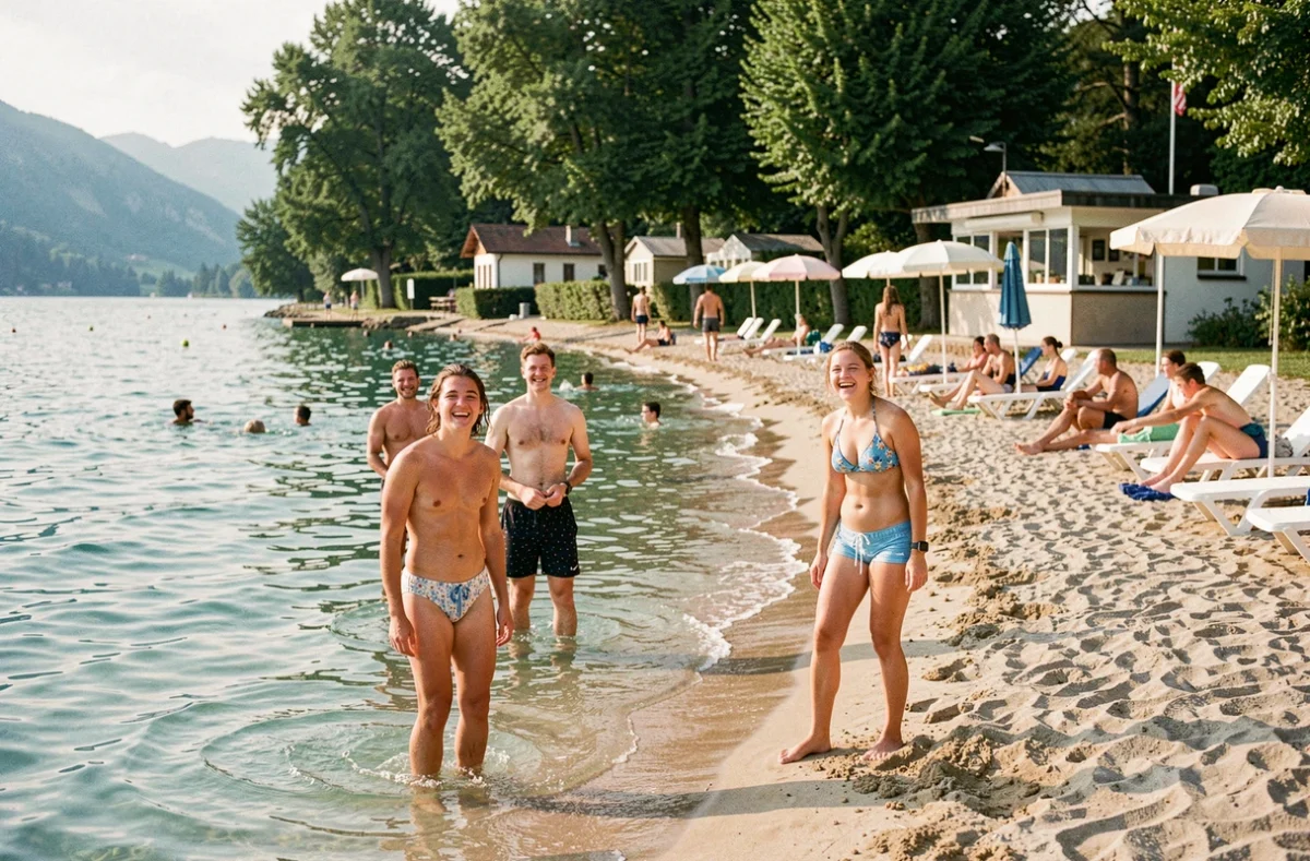Plage du Camping Le Léman Plage avec baigneurs au bord du lac Léman, tentes et parasols visibles en arrière-plan dans un cadre verdoyant