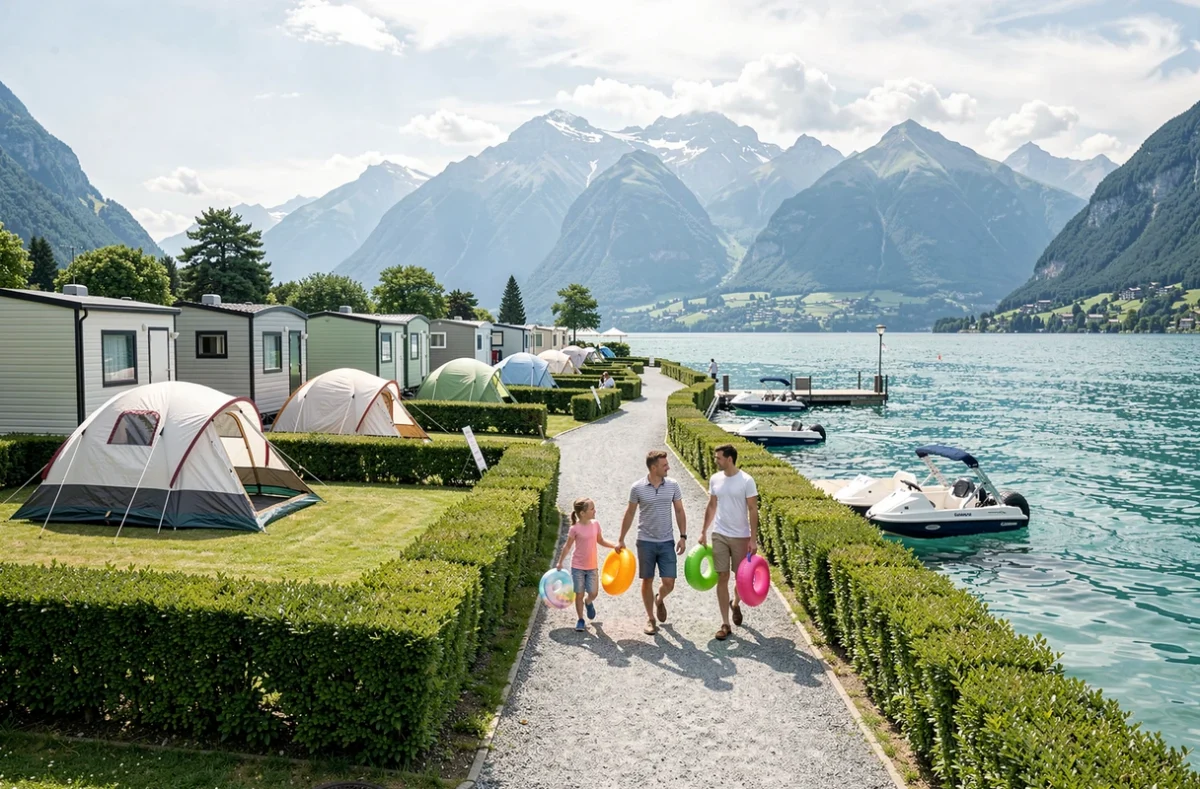 Vue du Camping Relais du Léman avec mobile homes et tentes au bord du lac, une famille se promenant sur le chemin longeant la rive