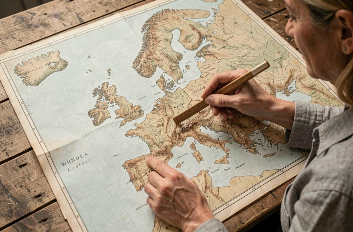 Carte physique de l'Europe posée sur un bureau en bois avec l'Islande visible dans l'Atlantique Nord, désignée par une main féminine