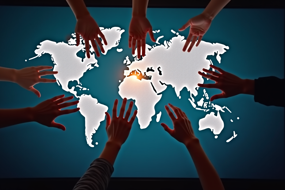 Mains touchant une carte du monde numérique symbolisant l