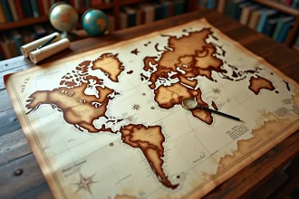 Carte du monde ancienne posée sur une table en bois avec loupe sur le Groenland et l'Arctique