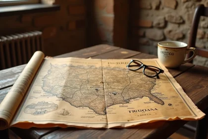 Carte routière de la Toscane dépliée sur une table en bois rustique avec un café espresso dans une trattoria italienne
