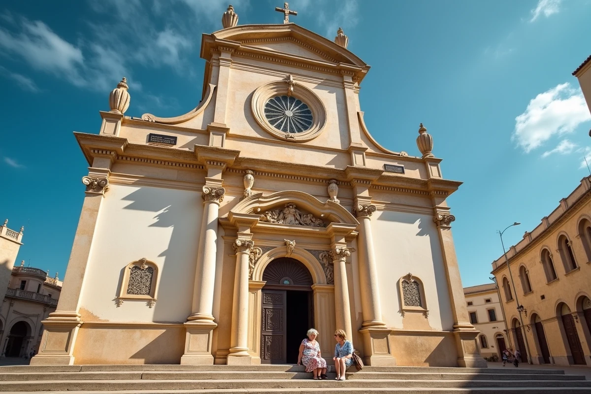 Cathédrale baroque d'Ostuni en pierre calcaire avec ses habitants sur la place principale de la ville blanche de Puglia