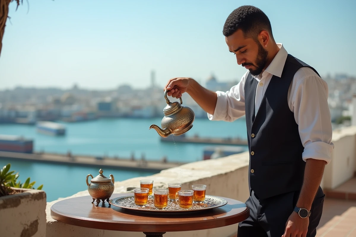 Serveur versant le thé à la menthe depuis une terrasse de café avec vue panoramique sur le port et la ville de Tanger