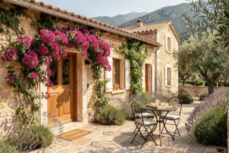 Façade en pierre d'une chambre d'hôtes de charme dans les Alpes-Maritimes avec bougainvilliers et terrasse provençale