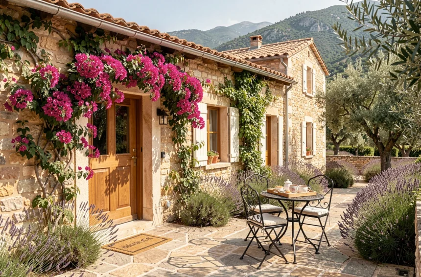 Façade en pierre d'une chambre d'hôtes de charme dans les Alpes-Maritimes avec bougainvilliers et terrasse provençale