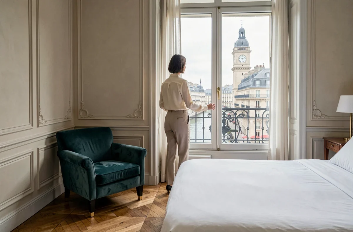 Chambre raffinée du Paris Orsay Hôtel avec vue sur le musée d'Orsay et la Seine depuis une fenêtre Haussmannienne