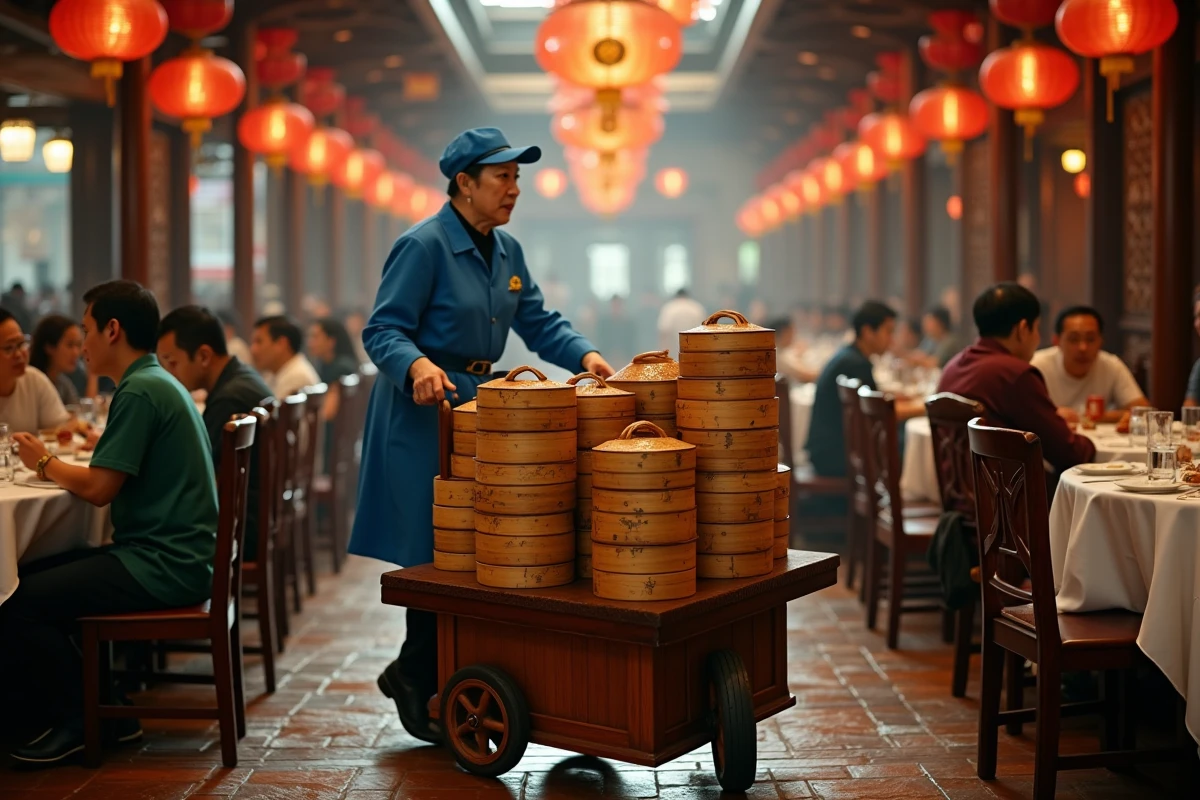 Chariot de dim sum avec paniers vapeur en bambou dans un salon de thé yum cha traditionnel de Guangzhou