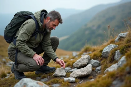 Homme randonneur examinant des outils en pierre sur un site rocheux