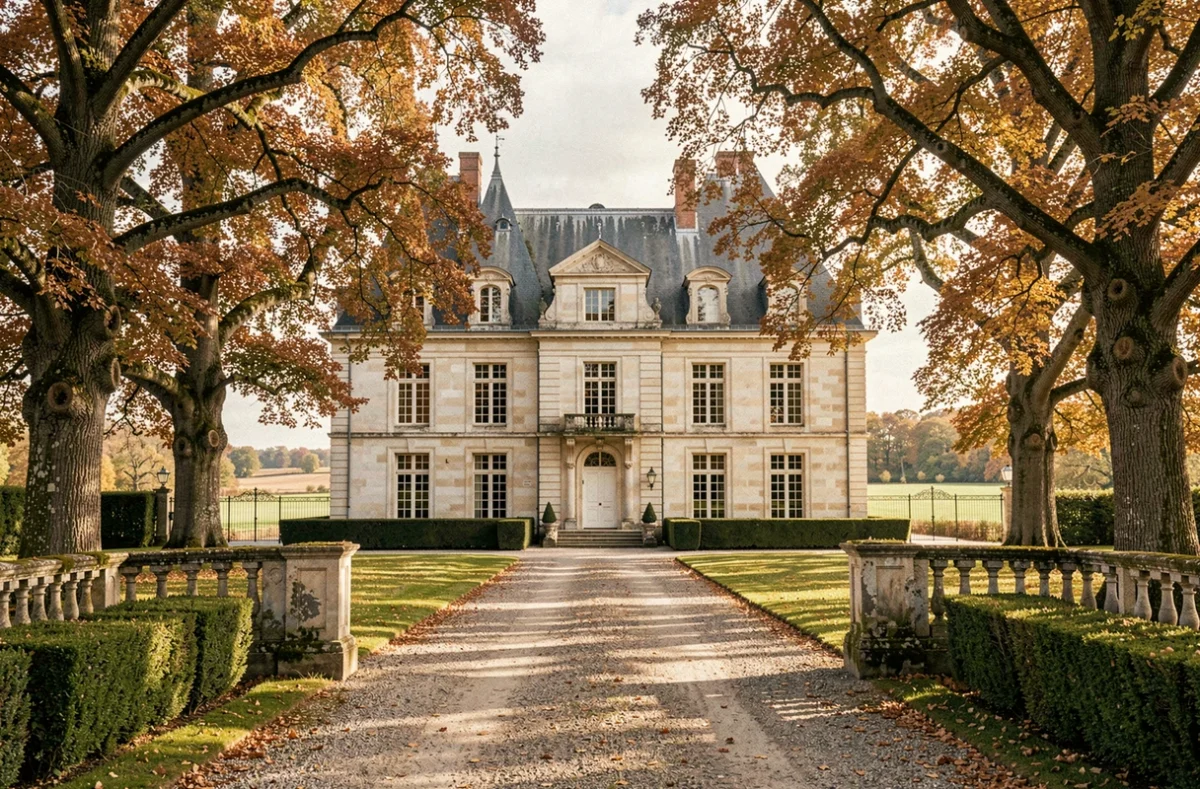 Façade majestueuse du Château de Boisgelin à Pléhédel entourée de chênes centenaires et d'allées de buis taillés